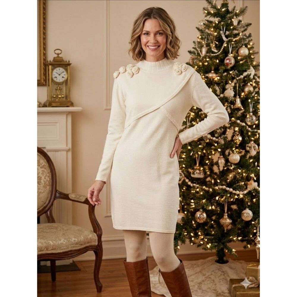 Cream Floral-Appliqué Knit Dress Vintage Christmas Passed  Paul Harris